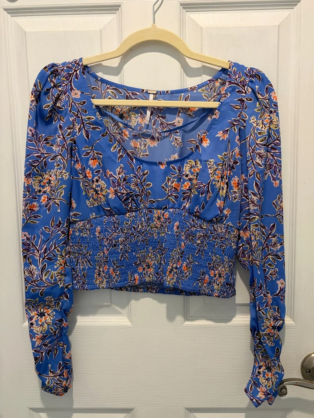 Free People Blue Floral Smocked Crop Top
